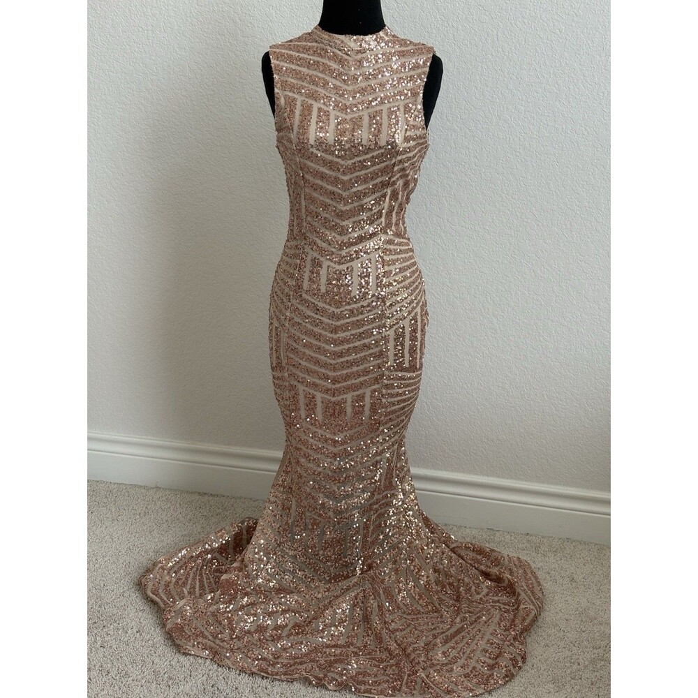L’Atiste Rose Gold Sequin Chevron Mermaid Formal Dress Maxi Sz M Prom Wedding